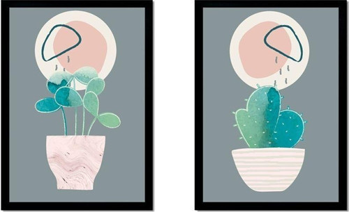 Line Art Kaktüs Ikili Çerçeveli Cam Tablo Seti