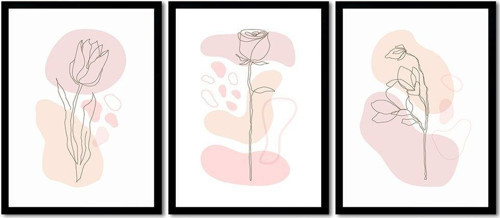 Line Art Çiçekler 3Lü Set Çerçeveli Cam Tablo Seti