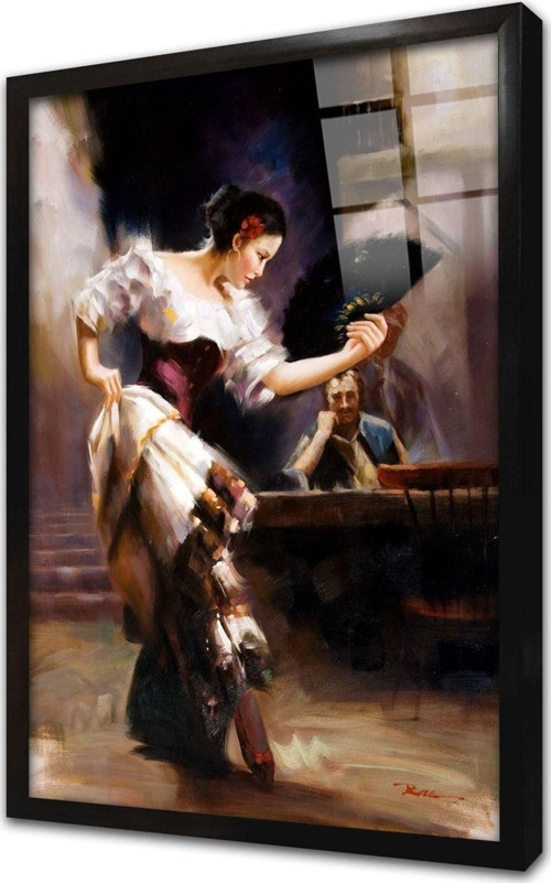 Yelpazeli Ispanyol Dansçı Kadın Çerçeveli Cam Tablo 50x70 cm