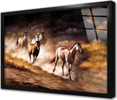 Dağda Koşan Atlar Çerçeveli Cam Tablo 60x90 cm