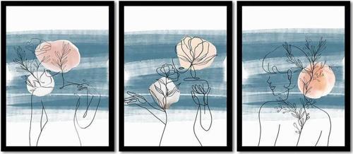 Line Art Kadın Silüeti 3Lü Set Çerçeveli Cam Tablo Seti
