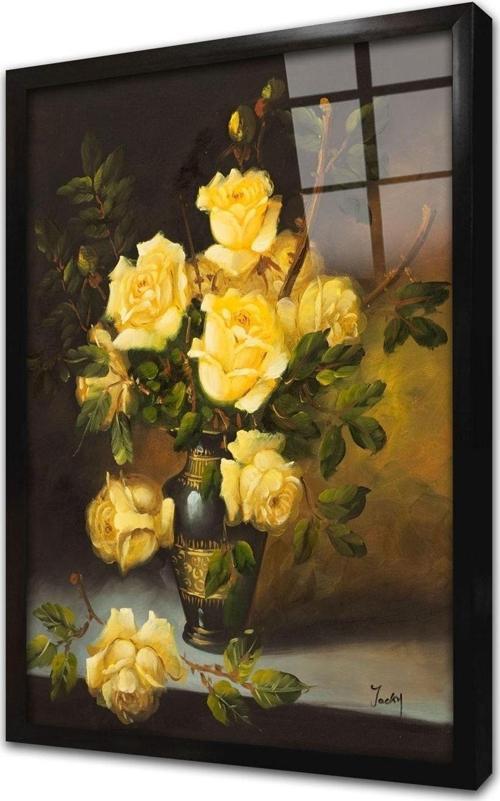 Vazoda Sarı Güller Çerçeveli Cam Tablo 60x90 cm