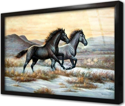 Koşan Ikili Gri At Çerçeveli Cam Tablo 50x70 cm