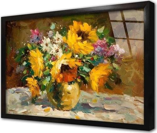 Vazoda Çiçekler Çerçeveli Cam Tablo 60x90 cm