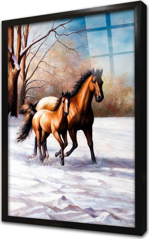 Siyah Yeleli Ikili At Çerçeveli Cam Tablo 50x70 cm