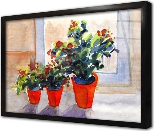 Saksılarda Çiçekler Çerçeveli Cam Tablo 60x90 cm
