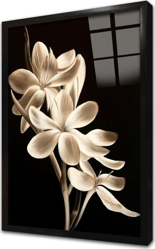 Siyah Beyaz Çiçek Çerçeveli Cam Tablo 50x70 cm