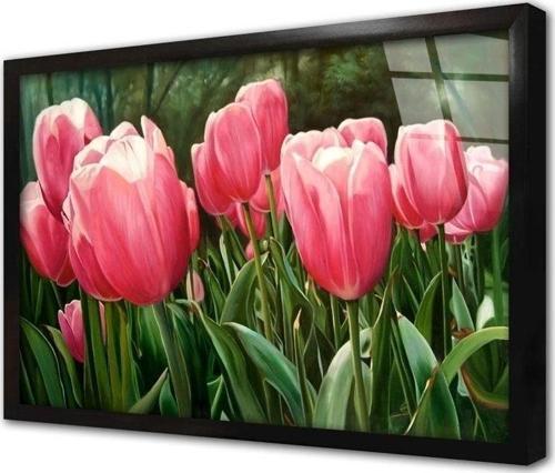 Pembe Lale Tarlası Çerçeveli Cam Tablo 20x30 cm