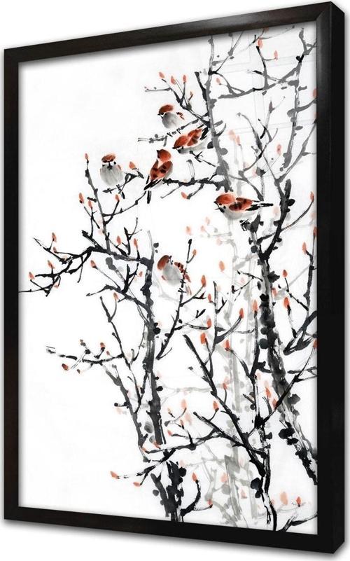 Çiçek Dalında Serçeler Çerçeveli Cam Tablo 20x30 cm