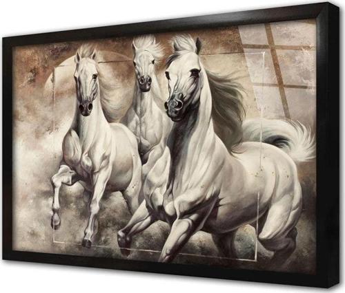 Koşan Beyaz Atlar Çerçeveli Cam Tablo 20x30 cm