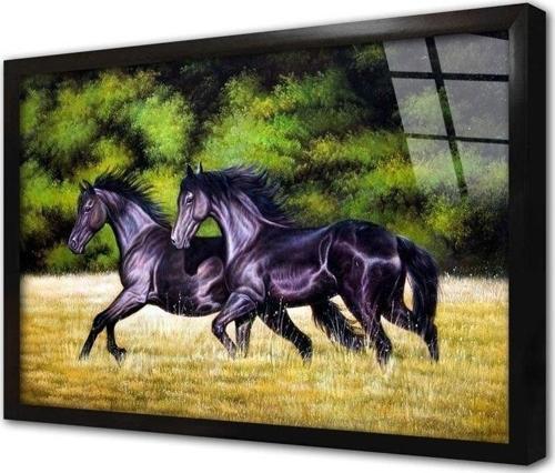Koşan Ikili Siyah At Çerçeveli Cam Tablo 20x30 cm