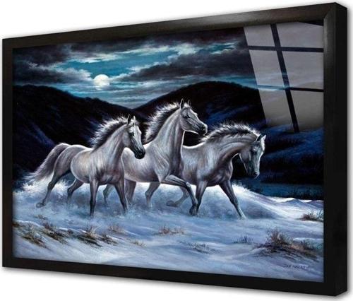 Karda Koşan Beyaz Atlar Çerçeveli Cam Tablo 20x30 cm