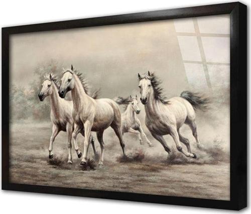 Koşan Dörtlü Beyaz At Çerçeveli Cam Tablo 20x30 cm