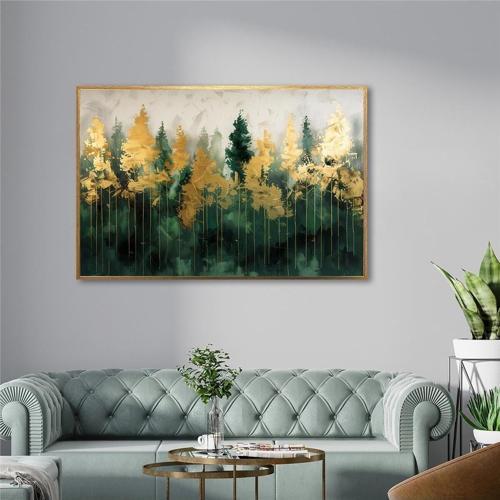 Yağlı Boya Dokulu Tablo Yeşil Soyut Manzara Altın Çerçeveli U01014