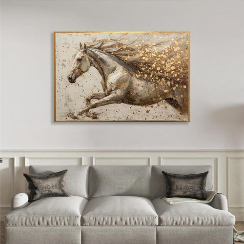 Yağlı Boya Dokulu Tablo Koşan Modern Beyaz At Altın Çerçeveli U04016