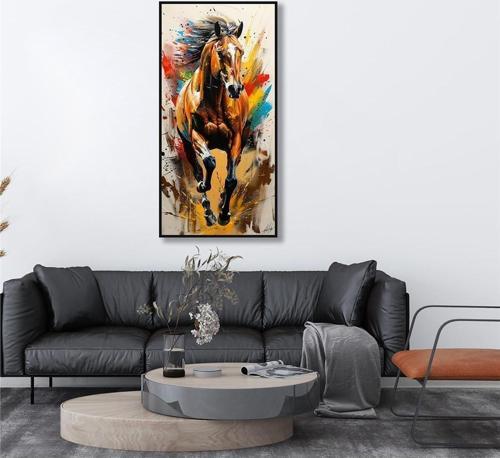 Yağlı Boya Dokulu Tablo Koşan Modern At Siyah Çerçeveli U04035