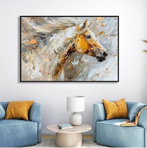 Yağlı Boya Dokulu Tablo Modern Beyaz At Siyah Çerçeveli U04018