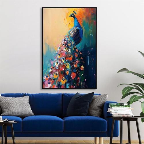 Yağlı Boya Dokulu Tablo Modern Renkli Tavus Kuşu Siyah Çerçeveli U04032