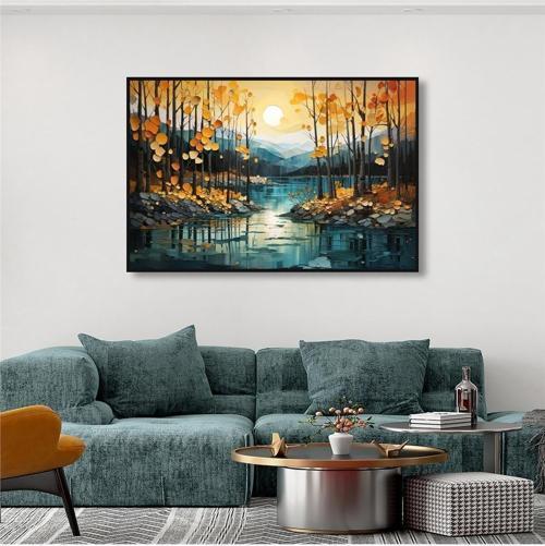 Yağlı Boya Dokulu Tablo Modern Ağaçlı Manzara Siyah Çerçeveli U06001