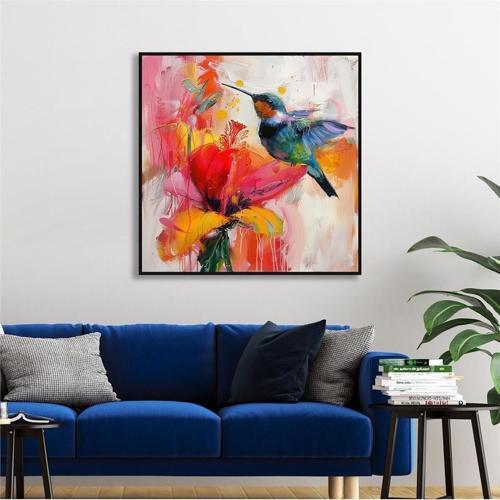 Yağlı Boya Dokulu Tablo Modern Renkli Sinek Kuşu Siyah Çerçeveli U04030