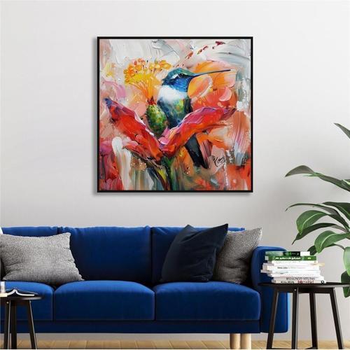 Yağlı Boya Dokulu Tablo Modern Renkli Sinek Kuşu Siyah Çerçeveli U04028