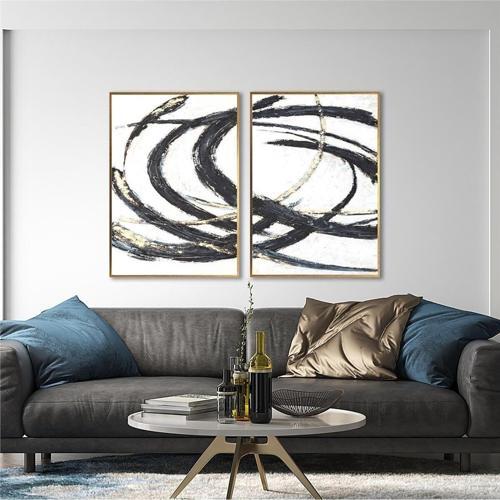 Yağlı Boya Dokulu Tablo Siyah Beyaz Altın Gold Soyut Altın Çerçeveli U08016