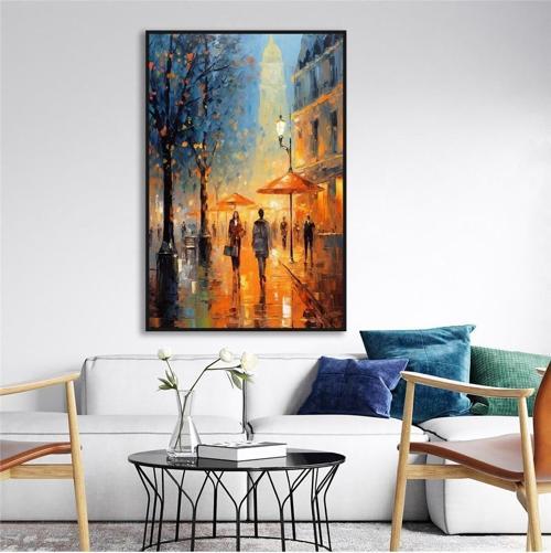 Yağlı Boya Dokulu Tablo Modern Paris Sokak Siyah Çerçeveli U09013
