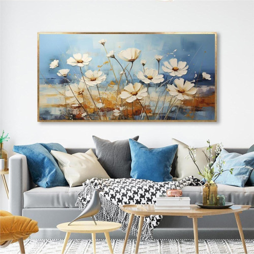 Yağlı Boya Dokulu Tablo Mavi Fonda Beyaz Yatay Çiçekler Altın Çerçeveli U02045