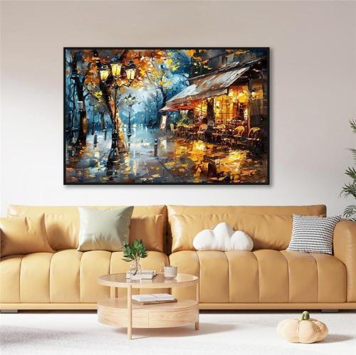 Yağlı Boya Dokulu Tablo Modern Paris Sokak Kafe Siyah Çerçeveli U09016