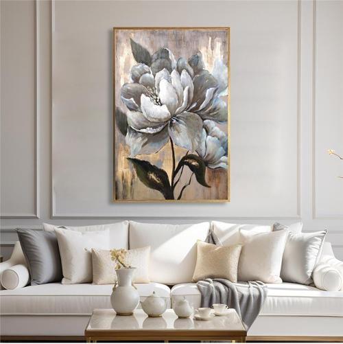 Yağlı Boya Dokulu Tablo Soyut Beyaz Dikey Çiçek Altın Çerçeveli U02041