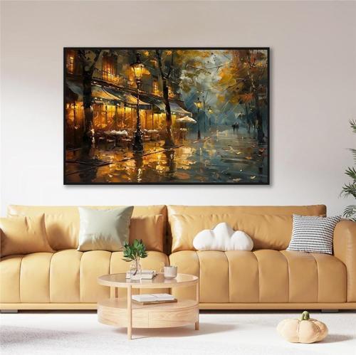 Yağlı Boya Dokulu Tablo Modern Paris Sokak Kafe Siyah Çerçeveli U09015