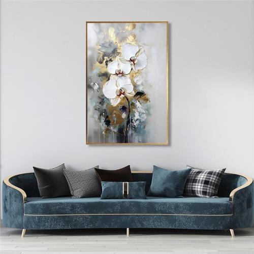 Yağlı Boya Dokulu Tablo Soyut Beyaz Altın Çiçekler Altın Çerçeveli U02028
