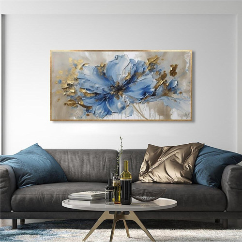 Yağlı Boya Dokulu Tablo Modern Mavi Tek Çiçek Altın Çerçeveli U02030
