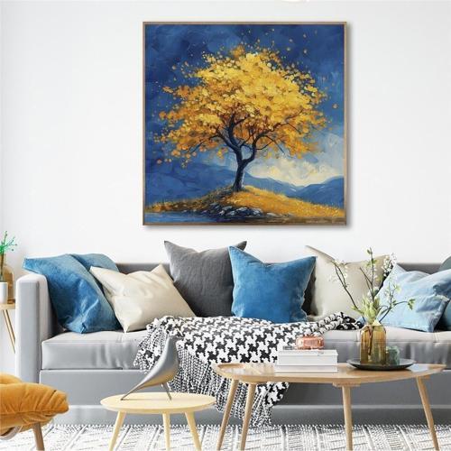 Yağlı Boya Dokulu Tablo Tekli Sarı Ağaç Altın Çerçeveli U01013