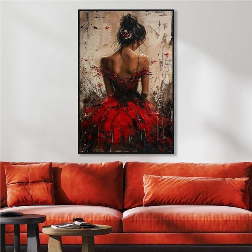 Yağlı Boya Dokulu Tablo Modern Kırmızı Elbiseli Sırtı Dönük Kadın Siyah Çerçeveli U05009