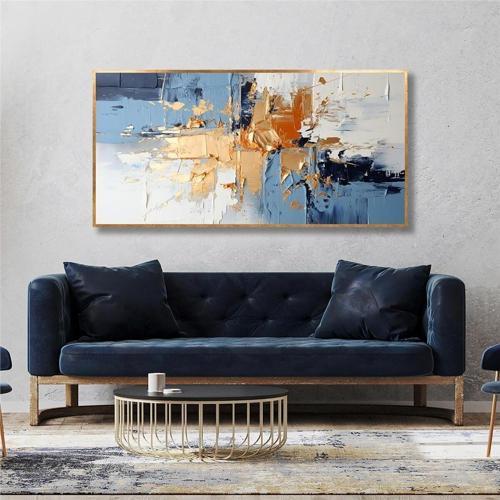 Yağlı Boya Dokulu Tablo Mavi Altın Gold Soyut Altın Çerçeveli U08069