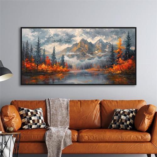 Yağlı Boya Dokulu Tablo Modern Karlı Doğa Manzarası Siyah Çerçeveli U06022