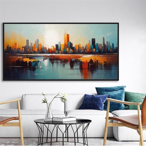 Yağlı Boya Dokulu Tablo Soyut Şehir Manzarası New York Siyah Çerçeveli U09002