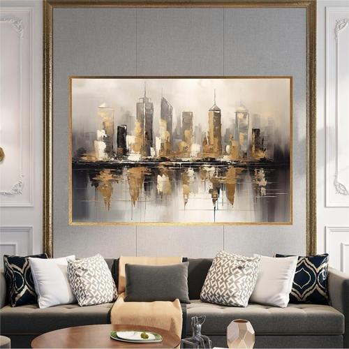 Yağlı Boya Dokulu Tablo Soyut Şehir Manzarası Altın Çerçeveli U09010