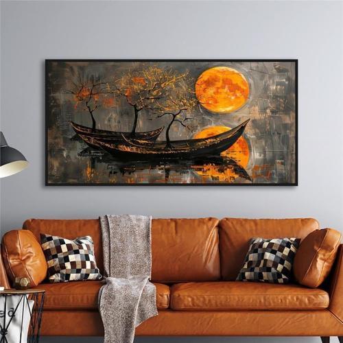 Yağlı Boya Dokulu Tablo Modern Güneş Ve Gondollar Siyah Çerçeveli U06020