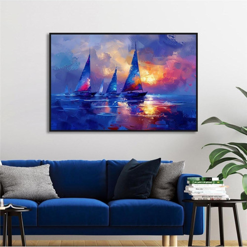 Yağlı Boya Dokulu Tablo Modern Denizde Yelkenliler Siyah Çerçeveli U06015
