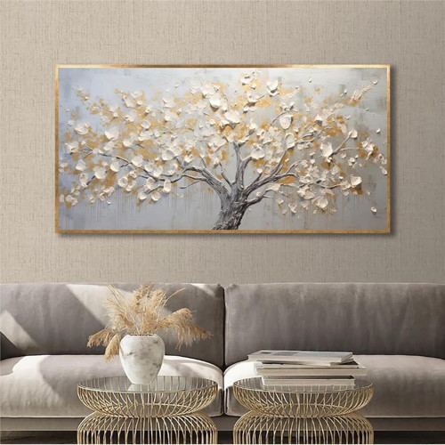 Yağlı Boya Dokulu Tablo Krem Soyut Ağaç Altın Çerçeveli U01004