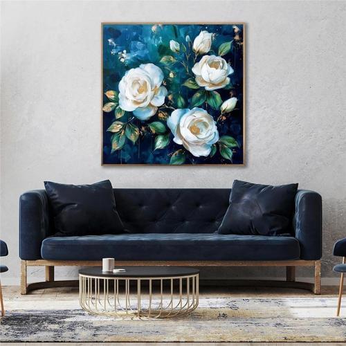 Yağlı Boya Dokulu Tablo Koyu Fonda Beyaz Güller Altın Çerçeveli U02049