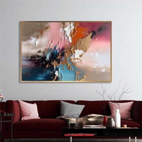 Yağlı Boya Dokulu Tablo Mor Pembe Mavi Soyut Altın Çerçeveli U08059