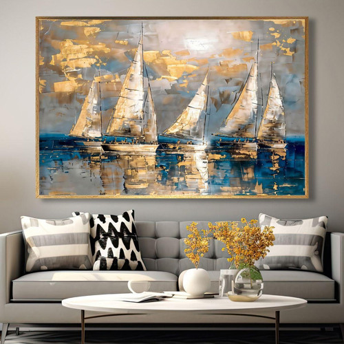 Yağlı Boya Dokulu Tablo Modern Denizde Yelkenliler Altın Çerçeveli U06033