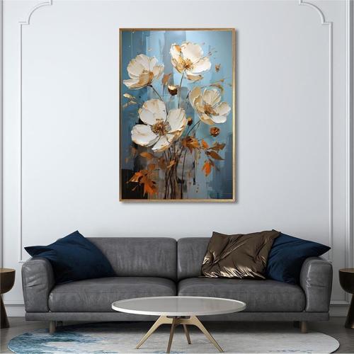 Yağlı Boya Dokulu Tablo Modern Çiçekler Altın Çerçeveli U02009