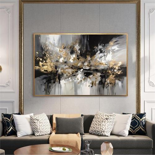 Yağlı Boya Dokulu Tablo Siyah Beyaz Gold Soyut Altın Çerçeveli U08038