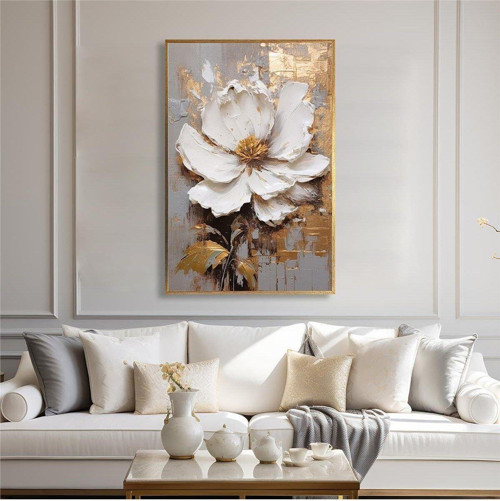 Yağlı Boya Dokulu Tablo Modern Tek Beyaz Çiçek Altın Çerçeveli U02018
