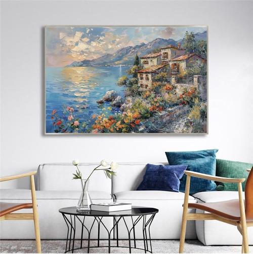 Yağlı Boya Dokulu Tablo Modern Spatula Akdeniz Evleri Manzarası Gümüş Çerçeveli U06041
