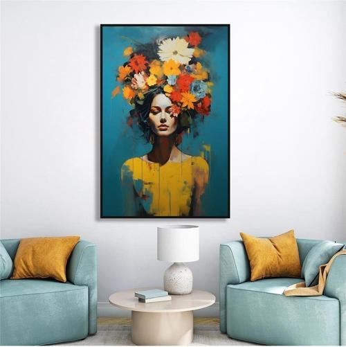 Yağlı Boya Dokulu Tablo Modern Çiçek Saçlı Kadın Siyah Çerçeveli U05011